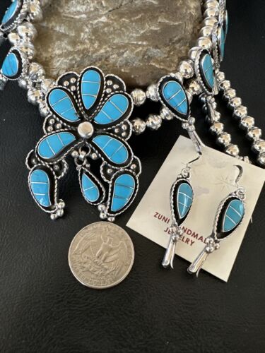 Zuni Kingman Turquoise Inlay Squash Blossom Necklace & Earrings | Sterling Silver | 16544
