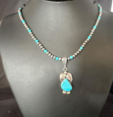 Navajo Pearls Kingman Turquoise Pendant Necklace | Sterling Silver | Authentic Native American Handmade | 14890