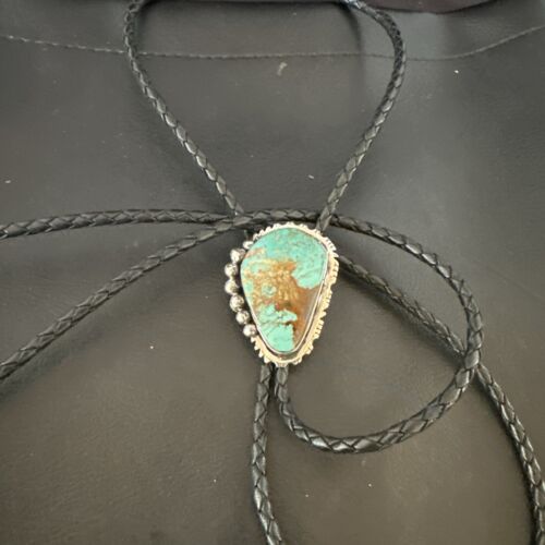 Men's Blue Turquoise #8 Bolo Tie | Navajo Sterling Silver | Authentic Native American Handmade | 16810