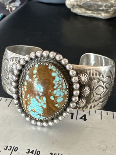 Navajo Men's Blue #8 Turquoise Cuff Bracelet | Sterling Silver | Authentic Native American Handmade | 15856
