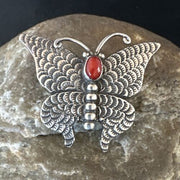 Navajo Butterfly Red Coral Pin Pendant | Sterling Silver | 1.25" | Authentic Native American Handmade | 15526