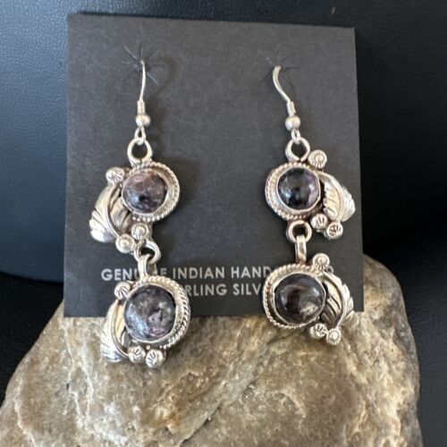 Navajo Purple Sugilite Dangle Earrings | Sterling Silver | 2" | Authentic Native American Handmade | 15694