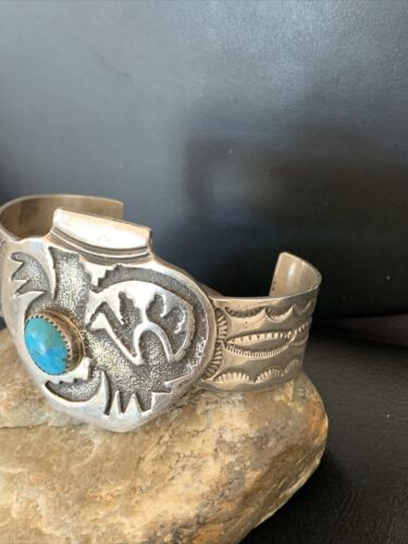 Navajo Sterling Silver Cuff Bracelet | Blue Kingman Turquoise | Men's | Authentic Native American Handmade