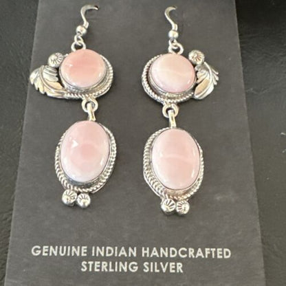 Navajo Pink Conch Shell Dangle Earrings | Sterling Silver | Authentic Native American Handmade | 17191