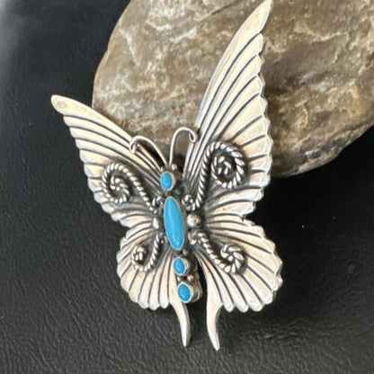 Navajo Butterfly Blue Turquoise Pin Pendant | Sterling Silver | Authentic Native American Handmade | 15232