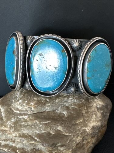 XL Men's Kingman Turquoise 3 Stone Cuff Bracelet | Navajo Sterling Silver | Authentic Native American Handmade | 15851