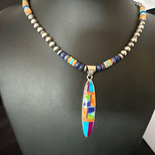 Navajo Spiny Oyster Turquoise Lapis Inlay Pendant Necklace | Sterling Silver | 21" | Authentic Native American Handmade | 16766