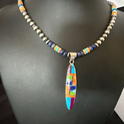 Navajo Spiny Oyster Turquoise Lapis Inlay Pendant Necklace | Sterling Silver | 21" | Authentic Native American Handmade | 16766