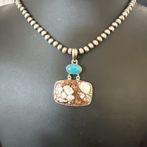 Men's Wild Horse Blue Kingman Turquoise Necklace | Sterling Silver SW Pendant | Multi-Stone | 17326