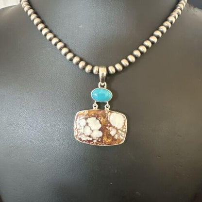 Men's Wild Horse Blue Kingman Turquoise Necklace | Sterling Silver SW Pendant | Multi-Stone | 17326
