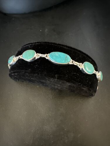 Navajo Blue Turquoise Link Bracelet | Sterling Silver | 8" | Authentic Native American Handmade | 15465