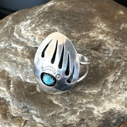 Navajo Blue Turquoise BearPaw Ring | Sterling Silver | Sz 8 | Authentic Native American Handmade | 15362
