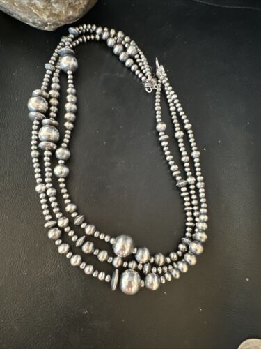 Navajo Pearls Mixed Bead Bib Necklace | Sterling Silver | 3-Strand | 20" | Authentic Native American Handmade | 14954