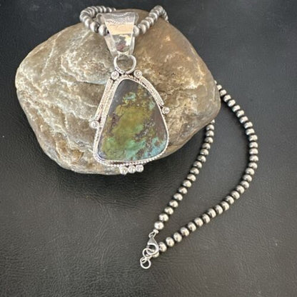 Men's Navajo Green Royston Turquoise Pendant Necklace | Sterling Silver | Authentic Native American Handmade | 17479