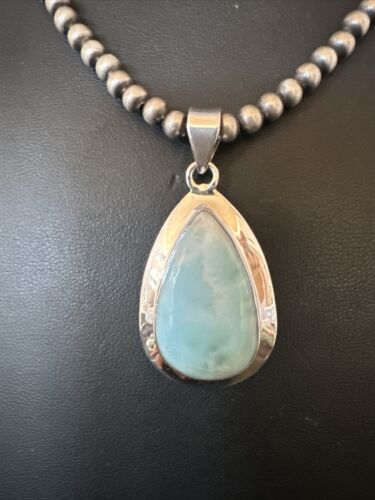 Navajo Blue Larimar Pendant Necklace | Sterling Silver Beads | Authentic Native American Handmade | 17566