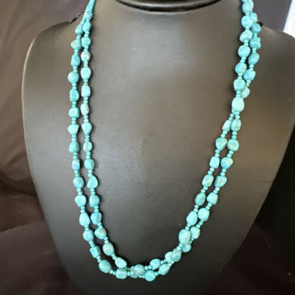 Navajo Blue Nugget Turquoise Necklace | 2 Strand | Sterling Silver | 20" | Authentic Native American Handmade | 15342