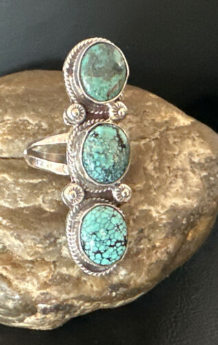 Navajo Blue Spiderweb Turquoise 3-Stone Ring | Authentic Native American Sterling Silver | Multi-Stone | Sz 9 | 16706