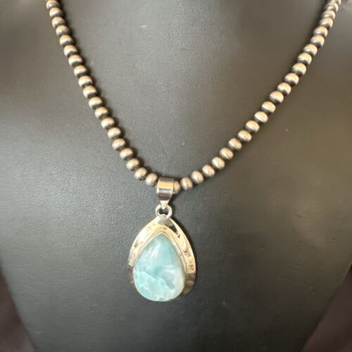 Navajo Blue Larimar Pendant Necklace | Sterling Silver Beads | Authentic Native American Handmade | 17630