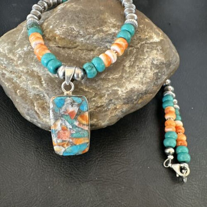 Navajo Spiny Turquoise Pendant Necklace | Sterling Silver | 22" | Authentic Native American Handmade | 17432