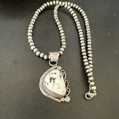 Navajo White Buffalo Turquoise Pendant Necklace | Sterling Silver Pearls | Authentic Native American | 17111