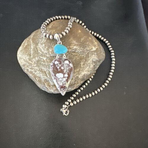 Navajo Wild Horse | Blue Kingman Turquoise Necklace | Sterling Silver | Authentic Native American Handmade | 17304
