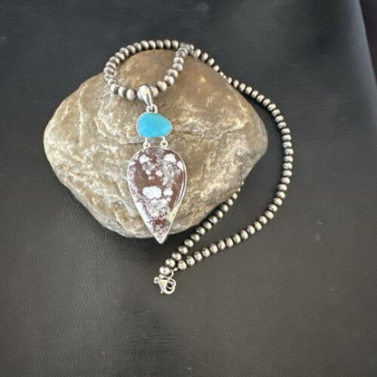 Navajo Wild Horse | Blue Kingman Turquoise Necklace | Sterling Silver | Authentic Native American Handmade | 17304