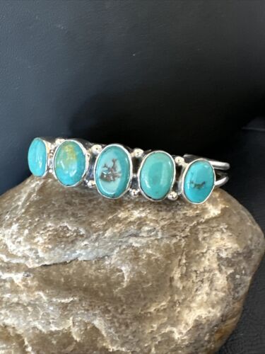 Women's Blue Turquoise 5-Stone Cuff Bracelet | Navajo Sterling Silver | Authentic Native American Jewelry | 16278