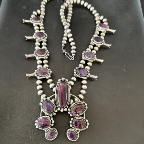 Navajo Purple Sugilite Squash Blossom Naja Pendant | Sterling Silver | Native American Handmade | 17206