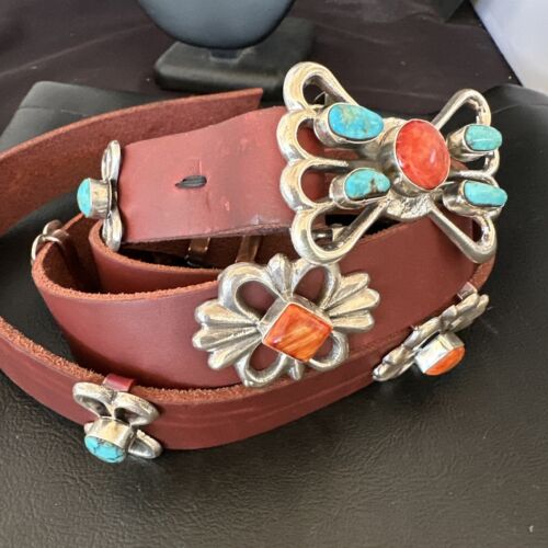 Men's Turquoise Spiny Oyster Concho Belt | Sterling Silver Navajo Tufa | Authentic Native American Handmade | 16680