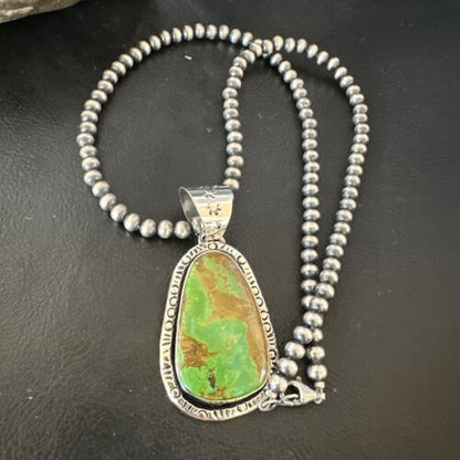 Navajo Green Gaspeite Pendant Necklace | Sterling Silver | Authentic Native American Handmade | 16359