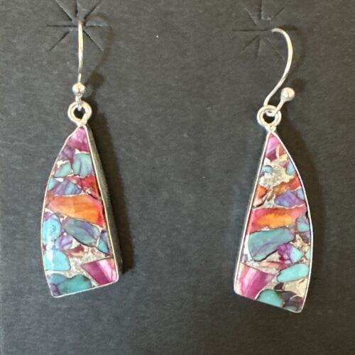Navajo Blue Turquoise Red Spiny Oyster Inlay Dangle Earrings | Sterling Silver | 15575