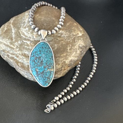 Men's Navajo Blue Spiderweb Turquoise Pendant Necklace | Sterling Silver | Authentic Native American Handmade | 16217