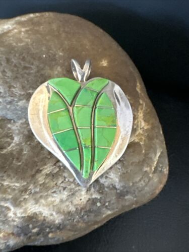 Navajo Green Gaspeite Heart Pendant Necklace | Sterling Silver Inlay | Authentic Native American Handmade | 15192