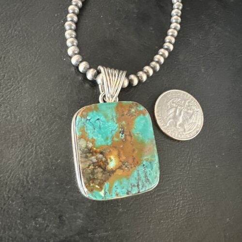 Navajo Blue Spiderweb Turquoise Pendant | Sterling Silver Necklace with Pearls | Authentic Native American Handmade | 15569