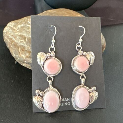 Navajo Pink Conch Shell Dangle Earrings | Sterling Silver | Authentic Native American Handmade | 17213