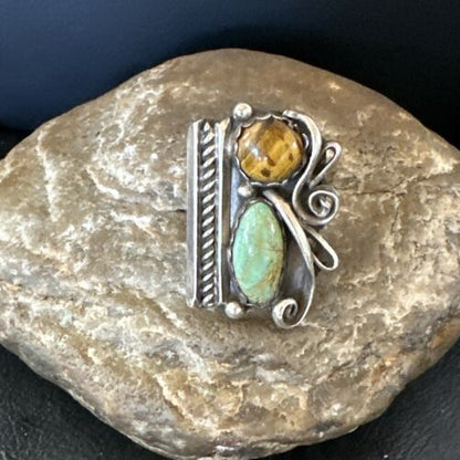 Navajo Turquoise Multi-Stone Adjustable Ring | Authentic Native American Sterling Silver | Sz 5 | 16891