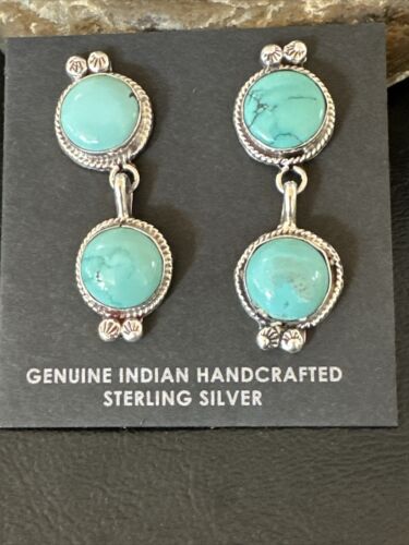 Navajo Blue Green Turquoise Dangle Earrings | Sterling Silver | 1.5" | Authentic Native American Handmade | 17388