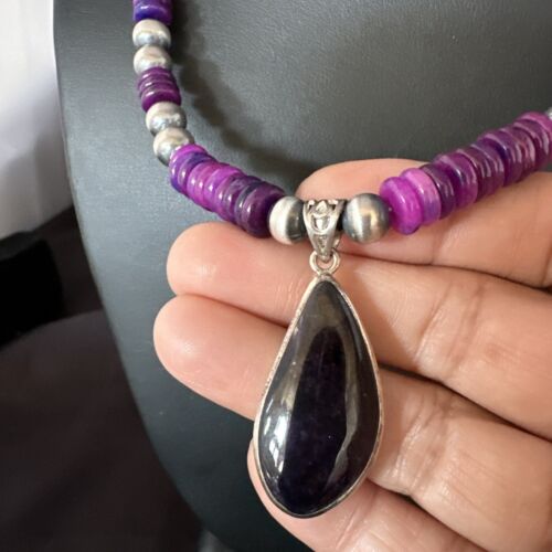 Navajo Pearls Purple Sugilite Pendant Necklace | Sterling Silver Beads | Authentic Native American Handmade | 15373