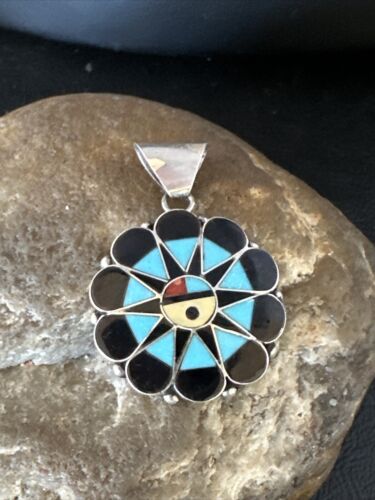 Zuni Sun Face Pendant | Turquoise, Mother of Pearl, Onyx Inlay | Sterling Silver | Native American Handmade | 15180