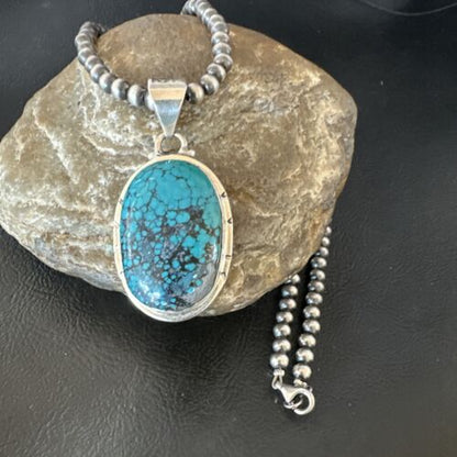 Men's Navajo Blue Spiderweb Turquoise Pendant Necklace | Sterling Silver | Authentic Native American Handmade | 16220