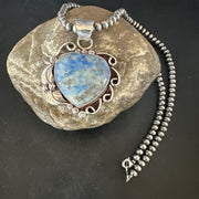 Men's Blue Heart Denim Lapis Pendant | Navajo Pearls Sterling Silver Necklace 21" | 15523