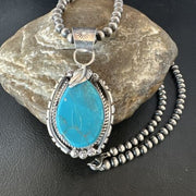 Men's Blue Kingman Turquoise Pendant Necklace | Navajo Pearls | Sterling Silver | 16019