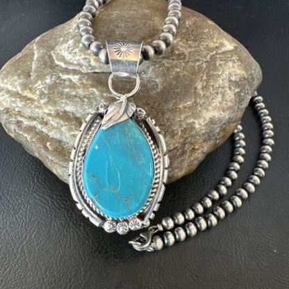 Men's Blue Kingman Turquoise Pendant Necklace | Navajo Pearls | Sterling Silver | 16019