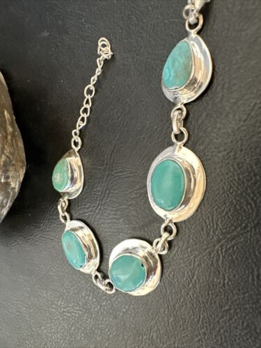 Navajo Blue Turquoise Link Bracelet | Sterling Silver | 9" | Authentic Native American Handmade | 17638
