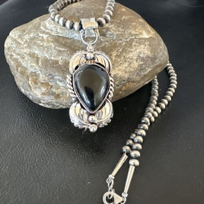 Native American Men's Pendant | Navajo Pearls | Sterling Silver Black Onyx Necklace | 16132