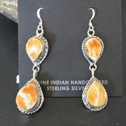 Navajo Orange Spiny Oyster Dangle Earrings | Sterling Silver | 1.5" | Authentic Native American Handmade | 16572