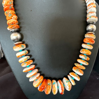 Navajo Blue Turquoise & Spiny Oyster Graduated Necklace | Sterling Silver | Authentic Native American | 24" | 16263 - Masha USA