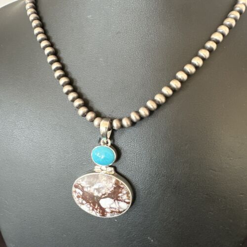 Navajo Wild Horse | Blue Kingman Turquoise Necklace | Sterling Silver | Authentic Native American Handmade | 17338
