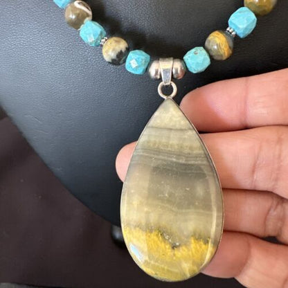 Men's BumbleBee Jasper Pendant Necklace | Navajo Pearls | Sterling Silver | Authentic Native American Handmade | 16875 - Masha USA