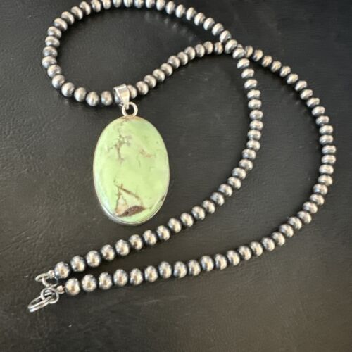 Navajo Green Gaspeite Pendant Necklace | Sterling Silver | Authentic Native American Handmade | 15487